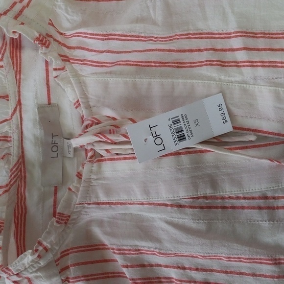 Loft Cream and Mauve Pink Striped Ruffle Tie Neck Tunic Blouse NWT - Picture 11 of 12